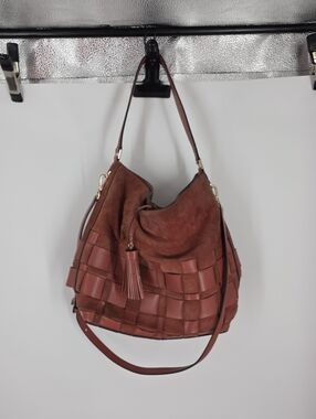 Michael Kors Woven Suede Leather Hobo Bag Large Shoulder Crossbody Cognac Orange